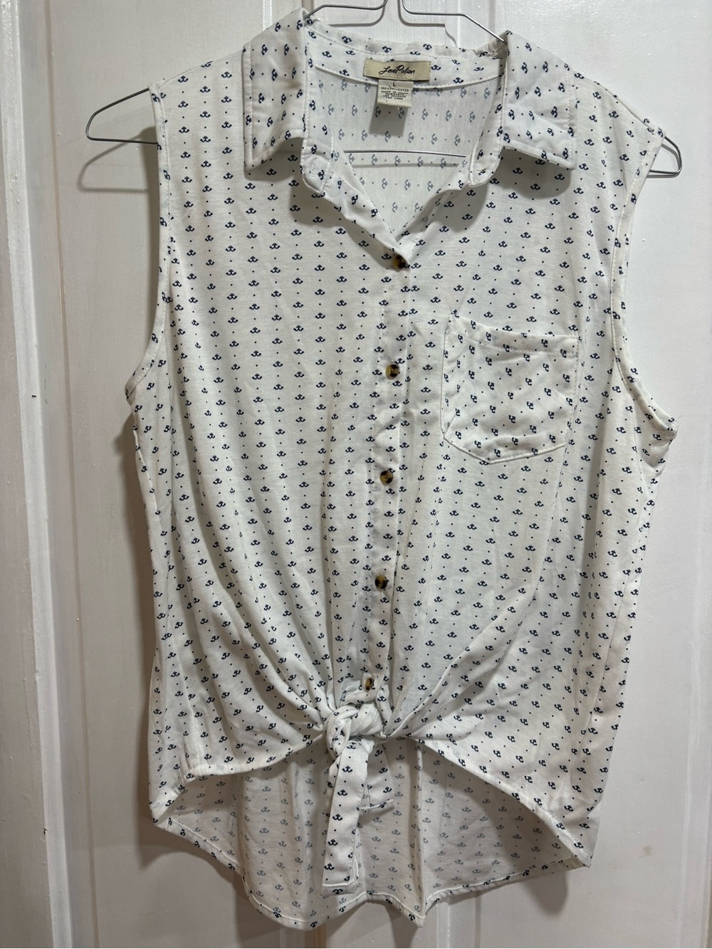 Sleeveless White Button-Down Tie Front Top with Navy Anchor Print
